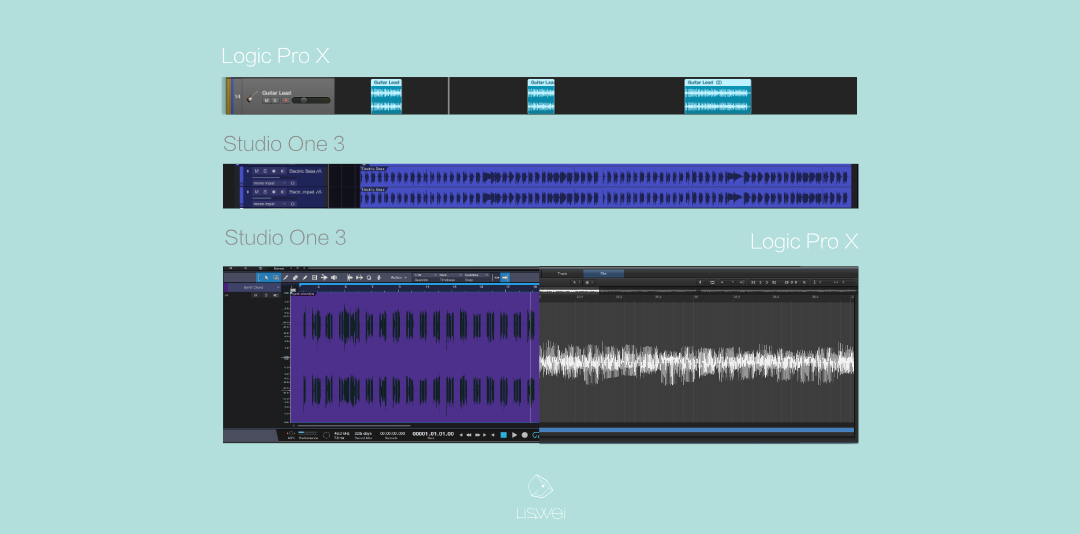 上圖為 Logic Pro 與 Studio One 的音頻音軌與音頻編輯視窗截圖。