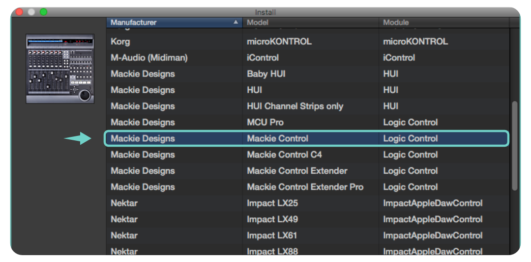 選擇新增 Mackie Designs | Mackie Control 後按下 Add 按鈕新增控制界面設定。