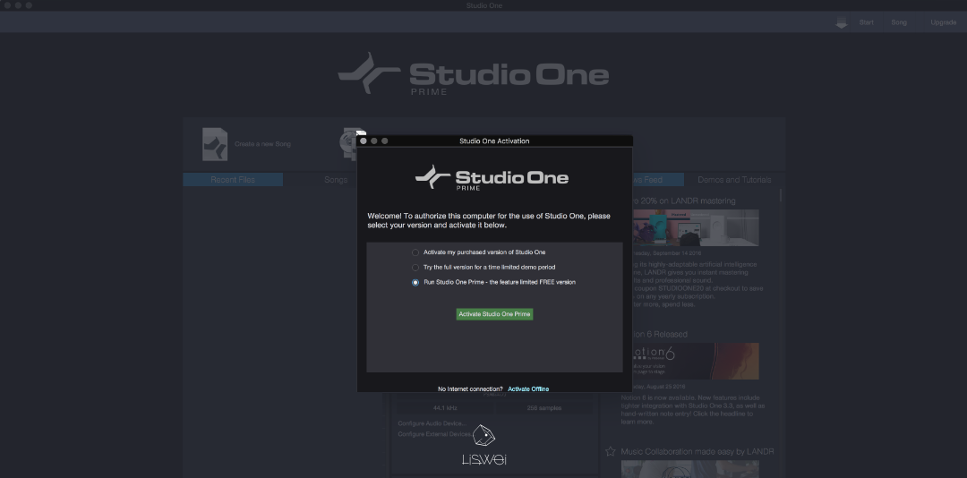 開啟 Studio One 後選擇 “Run Studio One Prime” 啟動免費版本（可無限期使用）