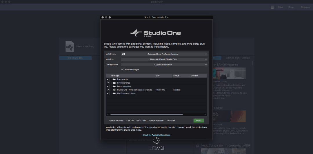 點擊頂端選單中的 Studio One > Studio One Installation ，勾選可下載的虛擬音源 & Loop 循環音檔下載安裝。