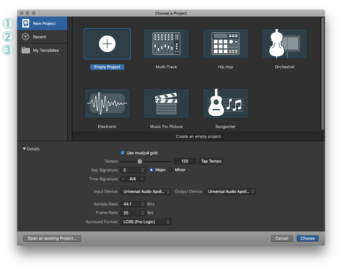 在預設的情況下當你一開啟 Logic Pro 時就會看到這個視窗。（New frome Template..）