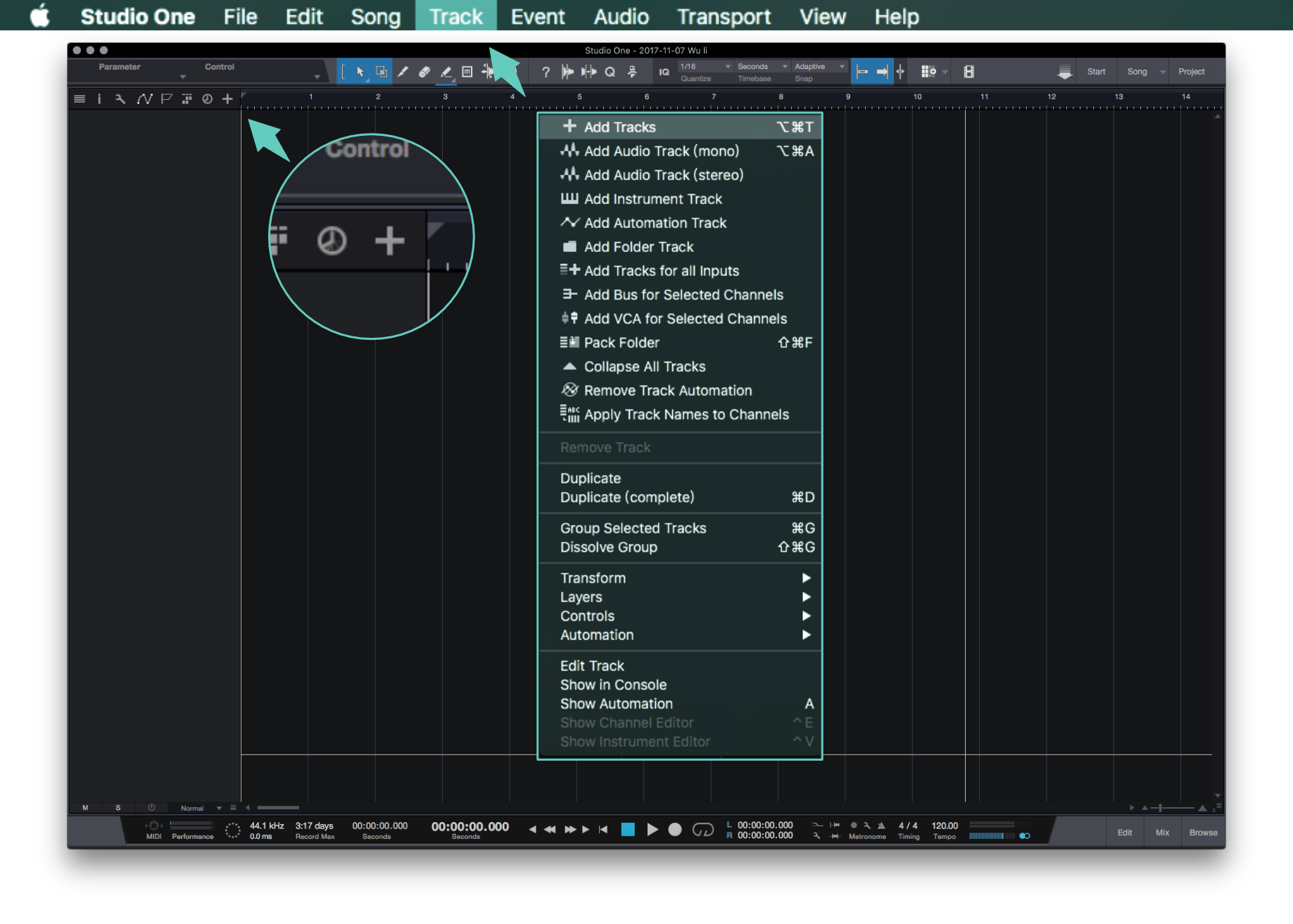 新增音軌最常見的方式就是找頂端的menu 中的 Track 選單。