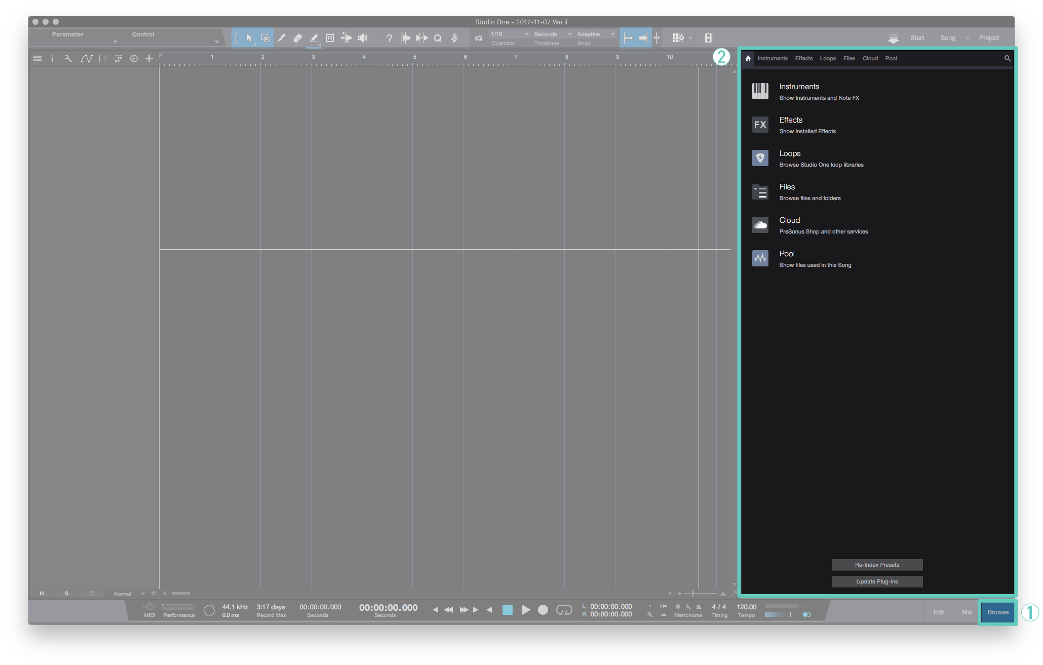 在 Studio One 的 Browse 的首頁中你可以看到 Instrument 與 Effect 、Loop ...等等的選項。