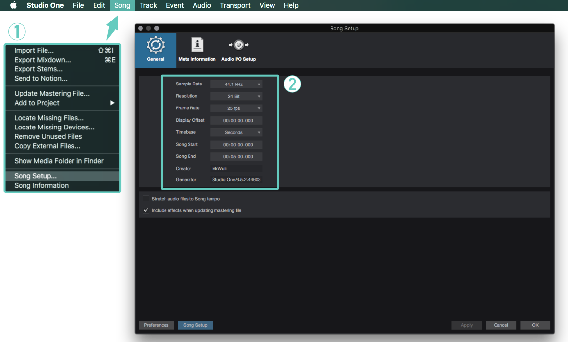 在 Song Setup... 你不但可以看到目前 Song 專案中的設定，也可能在 General 頁籤中更改取樣率。