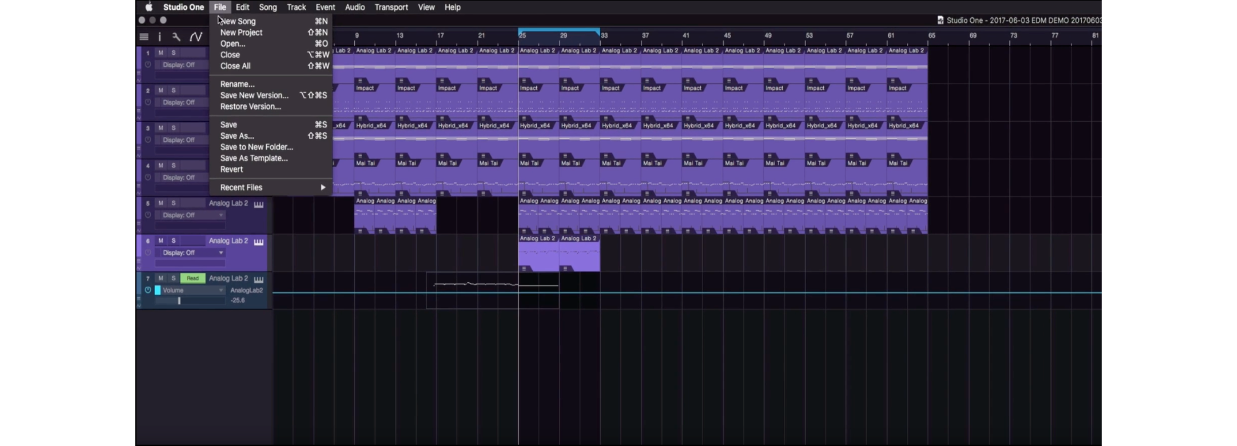 在 Studio One 中最簡單的儲存方式就是按快捷鍵 Mac：command + S :/ Win：control + S