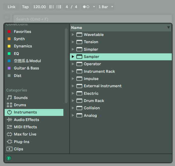 位於 Ableton Live Set 左上方的瀏覽視窗內可以看到許多分類，其內容包含 音色、軟體樂器、以及取樣音源