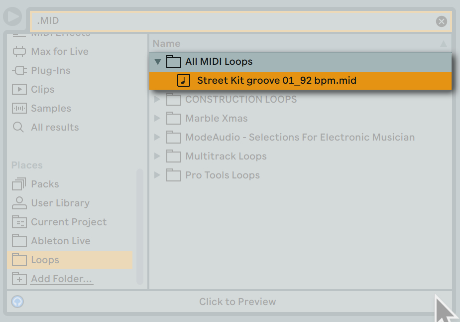 Ableton Live 中內建的所有樂句素材（Loops）副檔名都是 .alc （不論內容是 Audio 還是 MIDI ）唯有純粹的 MIDI 檔案才會顯示 .mid 格式。