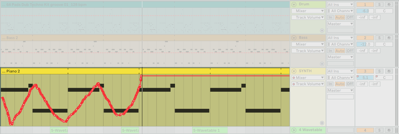 在 Arrangement View 中的每一個 Track 都可以寫入 Automation 的各式參數。